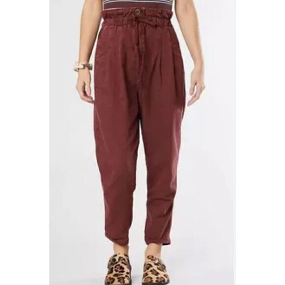 Free People Womens XS Margate Paperbag Pants Dark Red High Waist Cropped Slouchy - Picture 1 of 11